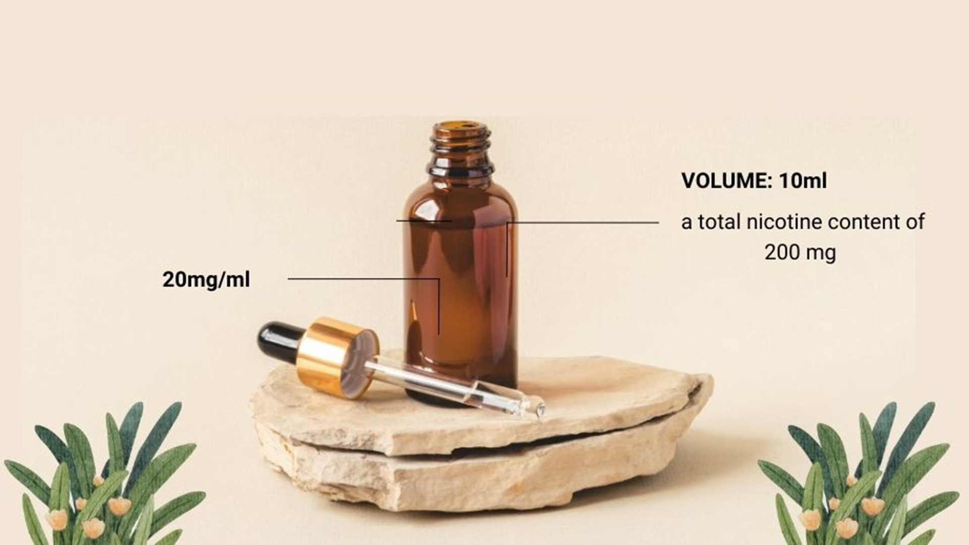 An amber glass bottle with a dropper placed on a stone slab, accompanied by greenery, representing a liquid containing 20mg/ml of nicotine with a total volume of 10ml.