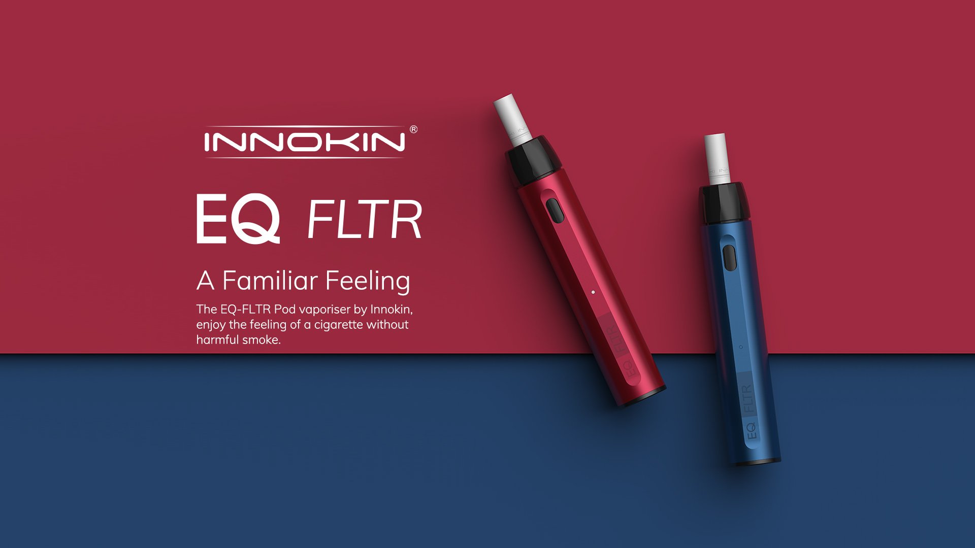 A pair of Innokin EQ FLTR vapes for nicotine salts in red and blue showcased on a dual-tone maroon and navy blue background. 