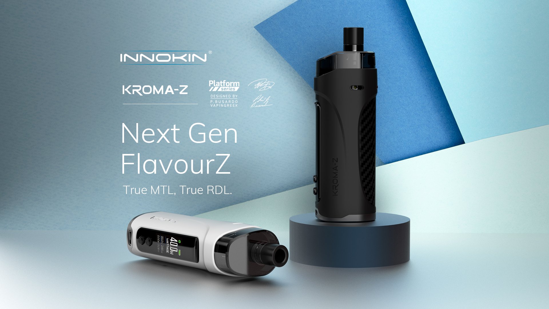 The Innokin Kroma Z vape devices, shown in sleek black and white finishes, designed for nicotine salts and adaptable vaping styles, displayed against a modern blue geometric background.