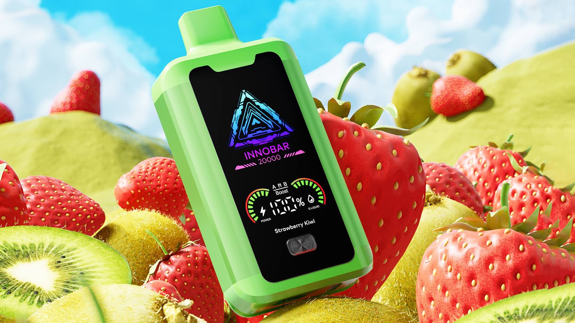 Green disposable vape device with strawberry flavor displayed on a background of fresh strawberries, highlighting flavor change when the vape is almost empty.