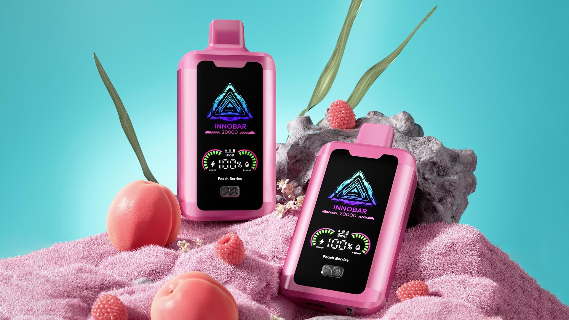 INNOBAR 20000 vape with pink design, featuring a button below the screen for switching between vaping modes and independently adjustable airflow slider for optimized flavor experience.