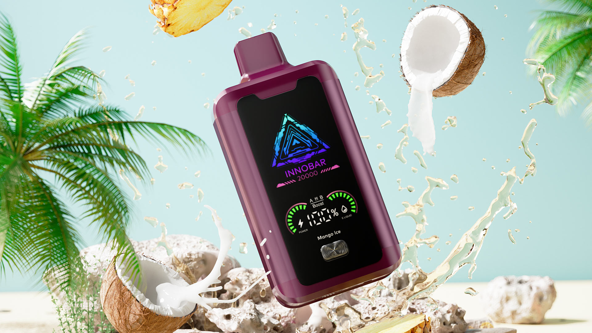 A vape device placed in a tropical setting with coconuts, palm trees, and splashing coconut milk, highlighting a vibrant and exotic theme.