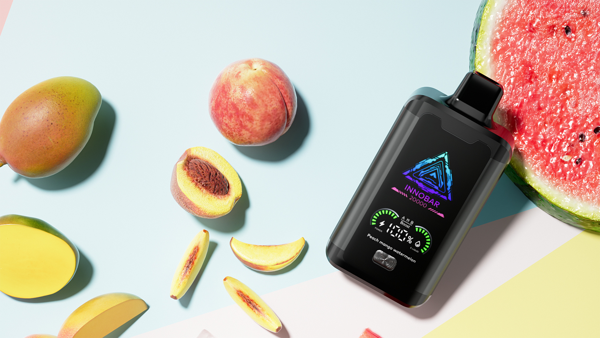 The INNOBAR 20000 disposable vape sits alongside sliced peaches, a mango, and watermelon on a pastel-hued backdrop, evoking the question of how long the flavor of a disposable vape lasts without losing its freshness, much like the vibrant fruits surrounding it.