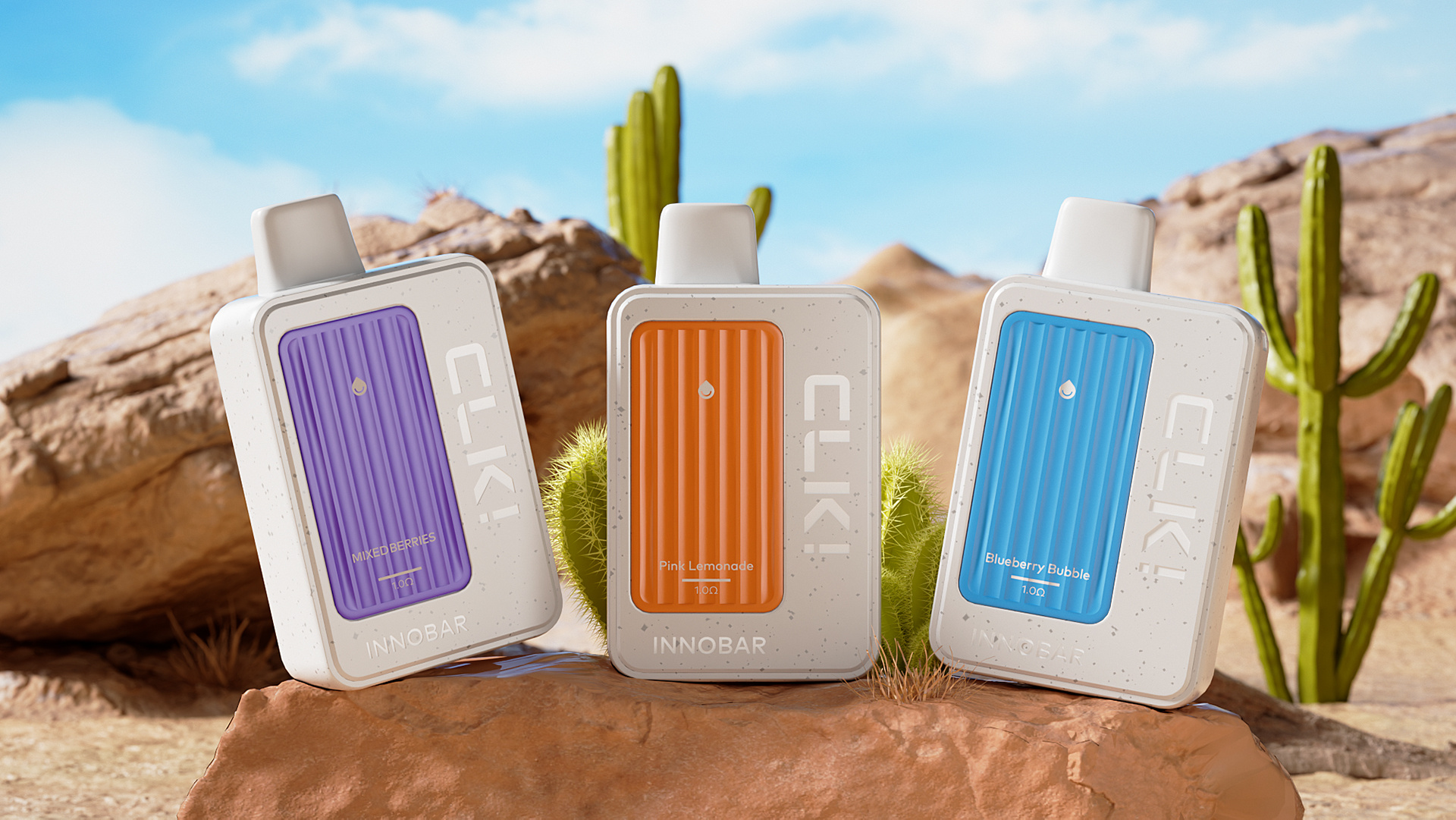 In a vibrant desert setting, three INNOBAR CLK devices in purple, orange, and blue grace the rocky landscape. As you admire their sleek design against the blue sky, you might wonder: how long does a pre-filled pod vape last in such style?