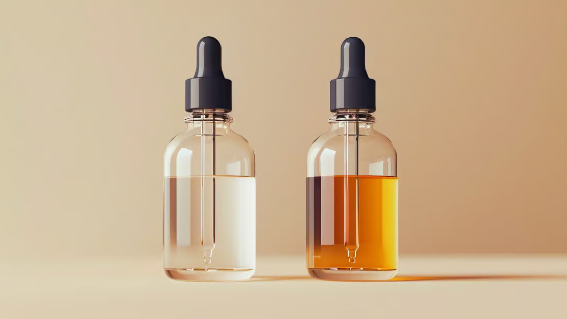 Two dropper bottles, one with clear liquid and the other with orange liquid, on a simple background, related to the topic of "Buying Vape Juice and Replacement Coils Abroad